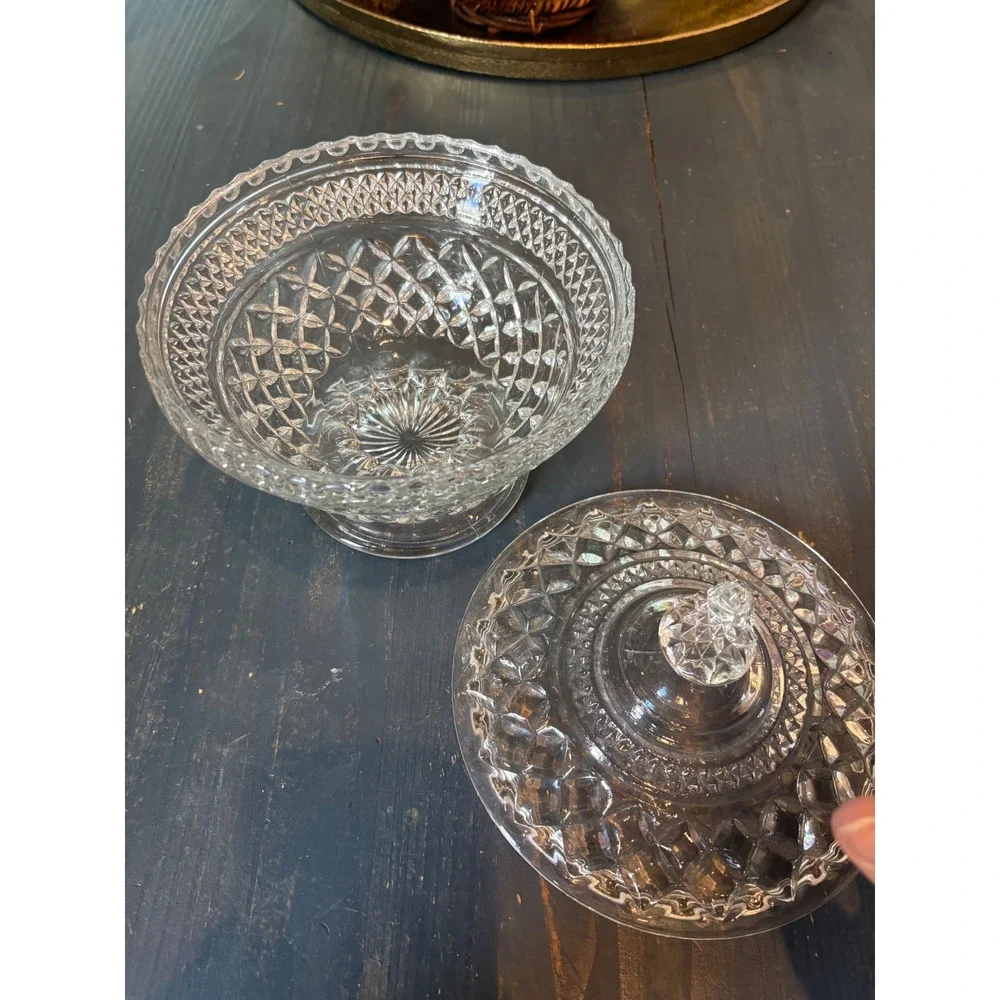 Vintage Clear Pressed Glass Candy Dish with Lid Diamond Point Pedestal Compote
